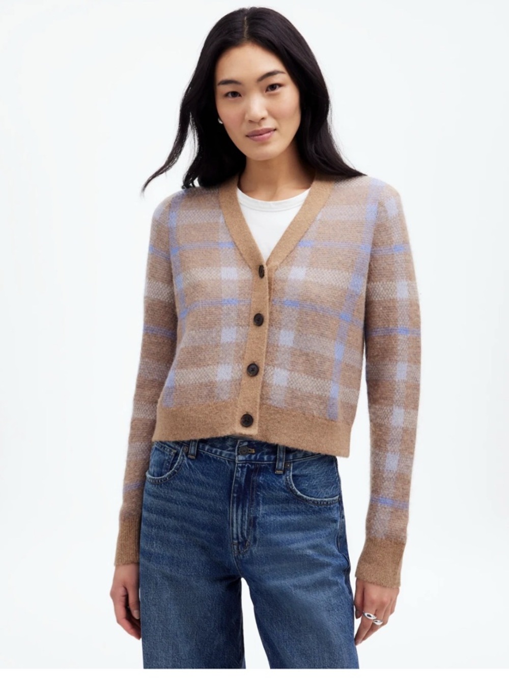 Madewell Camel & Light Blue Plaid V-Neck Cropped Cardigan